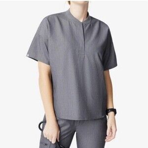 Figs Dahra Gray Button Henley Boxy Relaxed Fit Scrub Top Womens Size Small